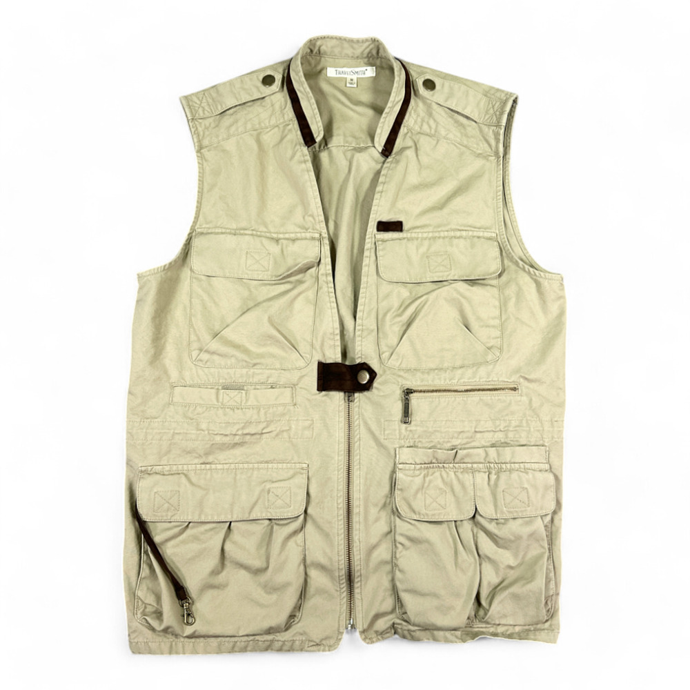 TravelSmith Beige Utility Fishing Vest with Brown Trim